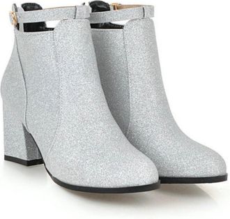 Generic Womens Square Toe Glitter Ankle Boots Sparkly Evening Party Heels with Side Zipper,Silver,1.5 UK