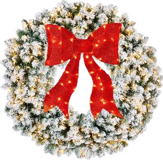 Best Choice Products Artificial Pre-Lit Flocked Fir Christmas Wreath Décor w/ Red Bow, LED Lights, Tips, Plug-In