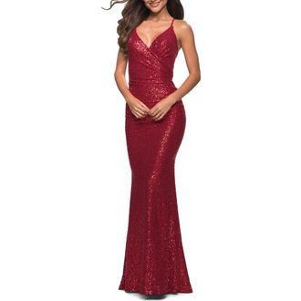 La Femme Wrap Style Long Gown in Beautiful Sequin in Red at Nordstrom, Size 12