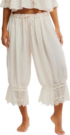 Free People Forever Young Lace Trim Wide Leg Crop Pajama Pants in White Alyssum at Nordstrom, Size X-Large