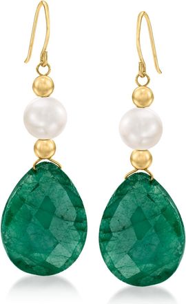 Ross-Simons Cultured Pearl and Emerald Drop Earrings in 14kt Yellow Gold