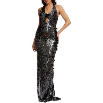 Dress The Population Priscilla Sequin Halter Gown in Gunmetal at Nordstrom Rack, Size Xx-Large