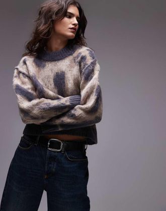 Topshop Maglione oversize soffice blu, blu navy e rosa con stampa-Multicolore