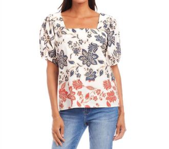 Karen Kane Puff Sleeve Square Neck Top In Batik Border Poplin Print