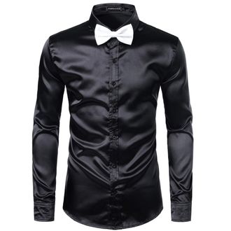 PARKLEES Mens Luxury Shiny Silk Like Satin Long Sleeve Dress Shirts for Party Disco Prom PZLCL14 Black XXL
