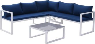 Happy Garden Conjunto de muebles de jard&iacute;n de 4 plazas tela azul y aluminio blanco