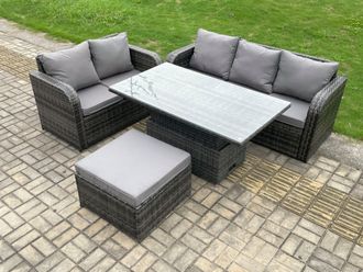 Fimous Outdoor Rattan Garden Furniture Set Height Adjustable Rising lifting Dining Table Lounge Sofa Set Dark Grey Mixed