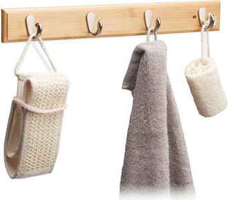 Relaxdays Relaxdays Bamboo Wall Hook Bar, Natural Grain, Metal, Hallway Coat Rack, Towel Holder, 4 Hooks, HWD: 6x48.5x5cm, Natural