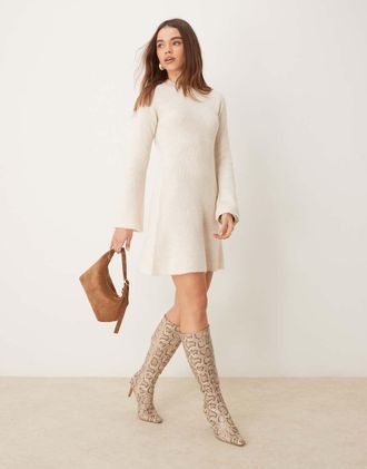 Gina Tricot rib knit crew neck mini skater dress in off white
