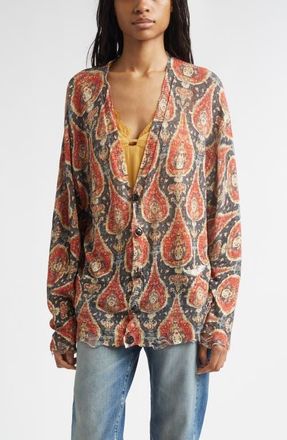 R13 Print Linen Boyfriend Cardigan in Black/Red Multicolor at Nordstrom, Size Xx-Small