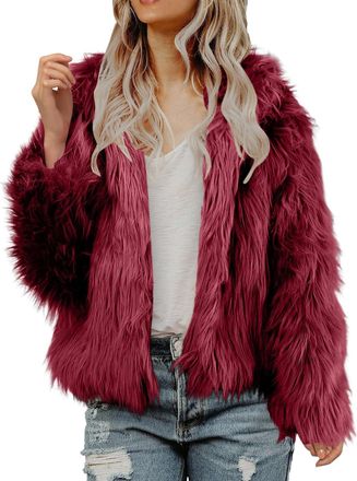 Generic Women S Faux Coat Open Front Long Sleeve Hooded Furry Jacket Warm Outerwear Shaggy Jackets (Red, S)
