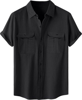 Generic Western Shirts for Men Male Hawaii Plain Color Shirt Short Sleeve Pocket Turn Down Button Shirt Sleeve Mens Clothing (L) Black