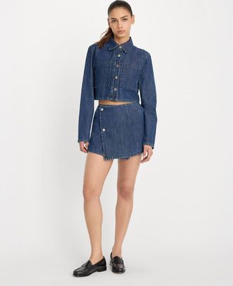Good American Gonna pantalone in denim con risvolto e bottoni lavaggio blu scuro-Blu navy