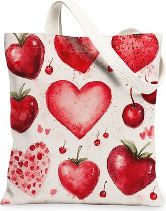 Generic Heart Cherries Canvas Tote Bags, Fruit Pattern Reusable Grocery Bags, Spring Vintage Stylish Lightweight Washable Shoulder Strap Canvas for Travel 13x