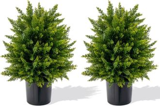 Costway Costway - Juego De &Aacute;rbol Artificial De Tejo De 55 Cm, Conjunto De 2 &Aacute;rboles Falsos De Arbusto En Maceta Con Cemento, A Prueba De Rayos Uv, Para Decora