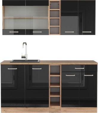 Vicco Cocina Vers&aacute;til R-line, Roble Negro/dorado De Alto Brillo, 160 Cm, Et Roble