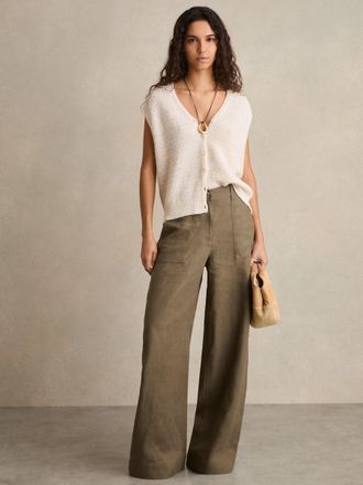 Reiss Khaki Linen Wide-leg Trousers, 10R