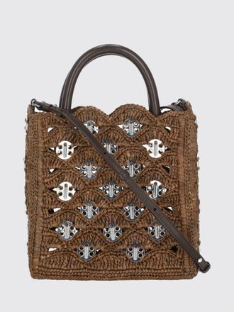 Paco Rabanne Borsa a mano mini in rafia ricamata con doppi manici in metallo