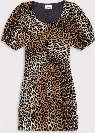 Ganni Womens Ruched Mesh Mini Dress Leopard Print - Size 14 UK