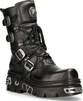 New Rock Unisex Leather Gothic Mid-Calf Boots-373-S4 in Black | Size: 5