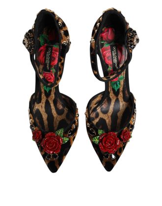 Dolce & Gabbana Womens Brown Leopard Crystal Roses Pumps Shoes Cotton Viscose