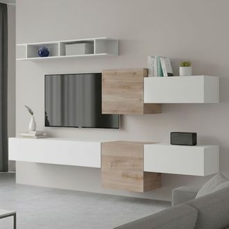 Dmora Dmora - Pared Equipada Tony, Composici&oacute;n De La Sala De Estar, Muebles De Sal&oacute;n, Gabinete De Tv, Made In Italy, 262x30 H185 Cm, Blanco Brillante Y Robl