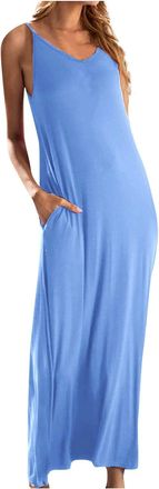 Generic Boho Maxi Dresses for Women UK Summer Beach Shift Dress Solid-Sexy Spaghetti Strap Long Dresses Elegant Party Sundress Plus Size Casual Dress Going Ou