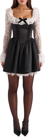 House of CB Long Sleeve Minidress in Ivory Black at Nordstrom, Size Medium A