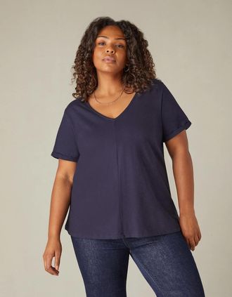 Live Unlimited London Womens Navy Cotton Slub V-Neck T-Shirt - Blue - Size: 12