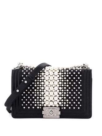 Chanel Boy Flap Bag Pearl Embellished Satin Old Medium shoulder bag - women - Other - One Size - Black