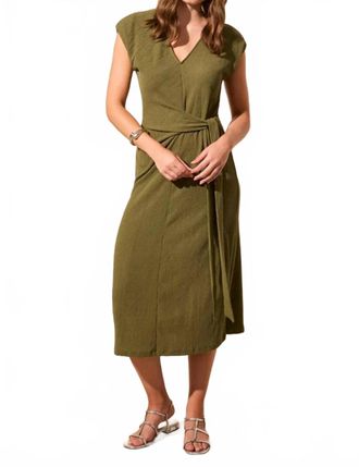 Tribal V-Neck Tie Waist Midi Dress In Loden Green