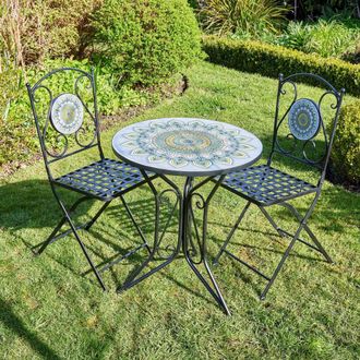 Home Source Industries Bistro Table Set Blue Floral Mosaic Design 2 Chairs Outdoor Garden in Black