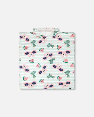 Deux par Deux Hooded Beach Towel Blue Flamingo and Cactus Print