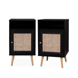 Sweeek Mesita de noche escandinava con efecto madera y ca&ntilde;a, set de 2, negro