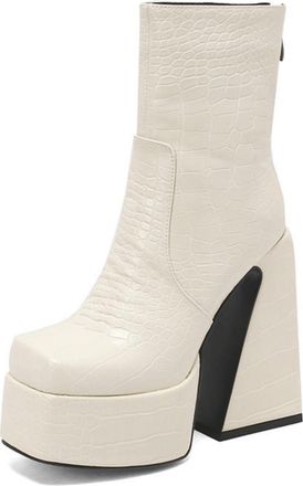 Generic Womens Square Toe Chunky Platform Elastic Ankle Boots with Thick Sole & High Heel for Autumn Winter,White Texture,7.5 UK