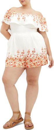 City Chic Poppy Print Off the Shoulder Playsuit in Peach Pop Border at Nordstrom