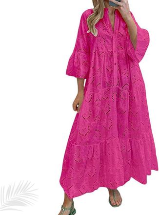 Generic Womens Lace Eyelet Embroidery Maxi Dress, V-Neck Button Trumpet Sleeve Boho Flowy Swing A Line Dress (Rose,5XL)