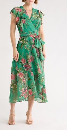 Eliza J Floral Flutter Sleeve High-Low Midi Dress in Green Multi at Nordstrom Rack, Size 2
