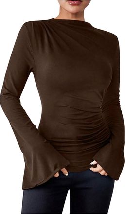 Generic Womens Ruched Long Flare Sleeve T Shirt Tops Solid Color Crew Neck Slim Casual Blouse Fashion Soft Silky Pullover Shirts Classic Basic Tops Autumn Lig
