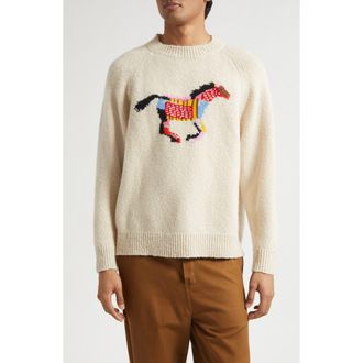 The Elder Statesman Glacier Horse Intarsia Slub Cashmere Crewneck Sweater in Ecru at Nordstrom, Size X-Large