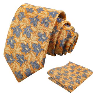 Alizeal Mens Floral Print Tie and Hanky for Wedding Party Costume Accessories Classic Casual Holiday Necktie Set, Orange