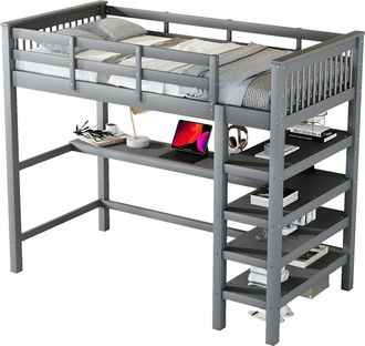 STILVORA Cama Alta Individual Con Escritorio Y Estantes, 90&times;200 Cm, Sin Colch&oacute;n, En Pino Y Mdf, Gris