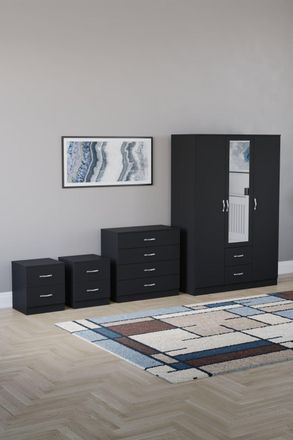 Home Discount Vida Designs 4Pc Bedroom Set 2x2Bedside, 4 Drawer, 3Dr Mirror Wardrobe in Black