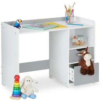 Relaxdays Relaxdays Scrivania per Bambini, 2 Cassetti, Ripiano Aperto, Tavolo per Scolari, HxLxP 60x80x38 cm, MDF, Bianco Grigio