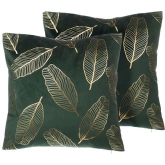Beliani Beliani - Conjunto De Cojines Decorativos En Terciopelo Verde Con Patr&oacute;n De Hoja 45 X 45 Cm Accesorio De Casa Moderno L&aacute;mina Dorada Freesia