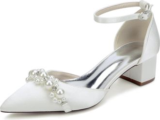 Generic Bridal Shoes Womens Block Heel Pearl Satin Closed Pointed Toe Low Heel Pump Party Wedding Dress Shoes 4.5Cm,Ivory,10 UK