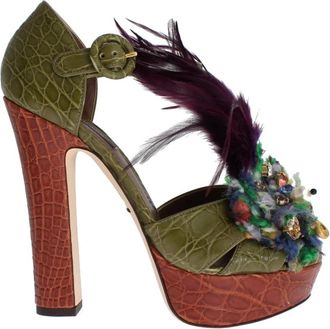 Dolce & Gabbana Kristallen Hak Caiman Krokodillenleren Schoenen - Dames - Sandalen met hakken - Groen - 36 EU - Leer - Schoenen