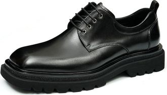 Generic Mens Square Toe Faux Leather Casual Shoes Low Block Heel Platform Shoes Lace Up Formal Dress Shoe,Black,8.5 UK