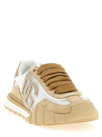 Dolce & Gabbana Suede and Canvas with Rhinestone Logo Sneaker - Beige