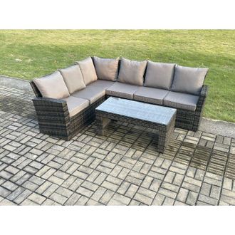 Fimous Fimous - 6 Seat Rattan Garden Furniture Corner Sofa Set Outdoor Patio Sofa Table Set Dark Grey Mixed